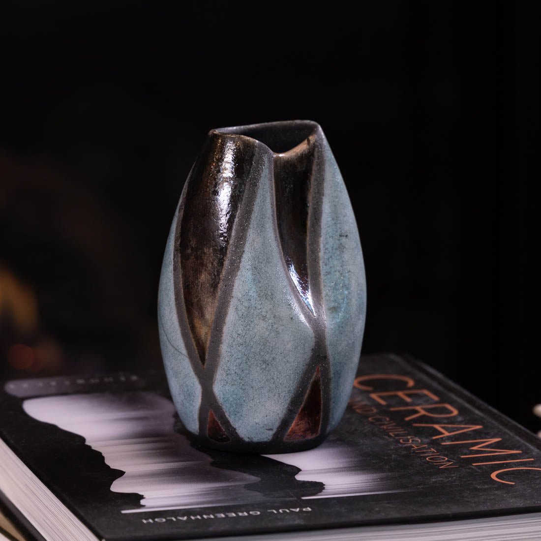 Pot #10 - Medium - Small Manipulated RAKU Pot (Crackled Turquoises, Dark Neutrals, Copper) - Dan Pearce Ceramics