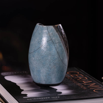 Pot #10 - Medium - Small Manipulated RAKU Pot (Crackled Turquoises, Dark Neutrals, Copper) - Dan Pearce Ceramics