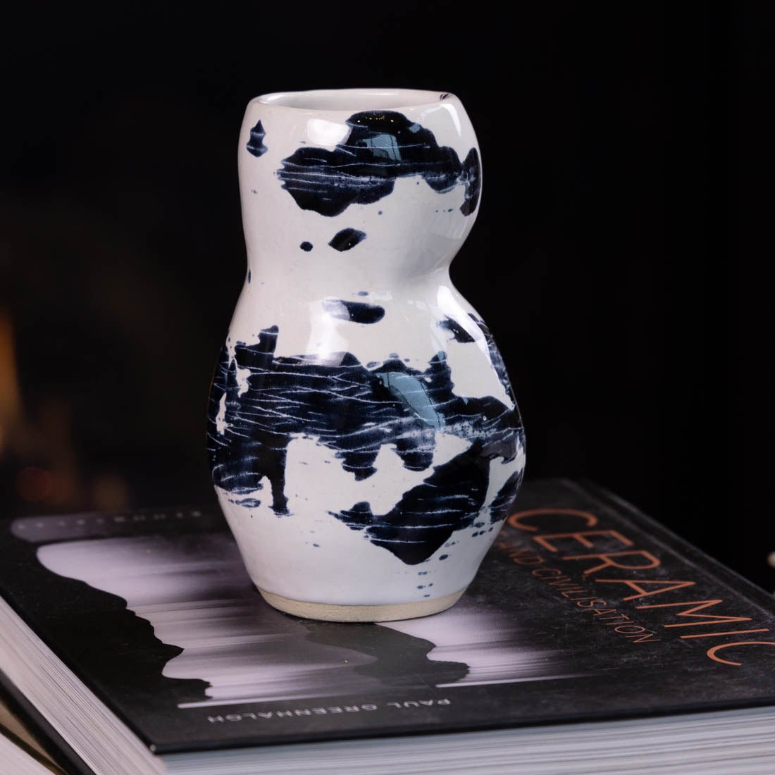 Pot #52 - Medium Manipulated Pot (Glossy White with Decorative Obsidian) - Dan Pearce Ceramics