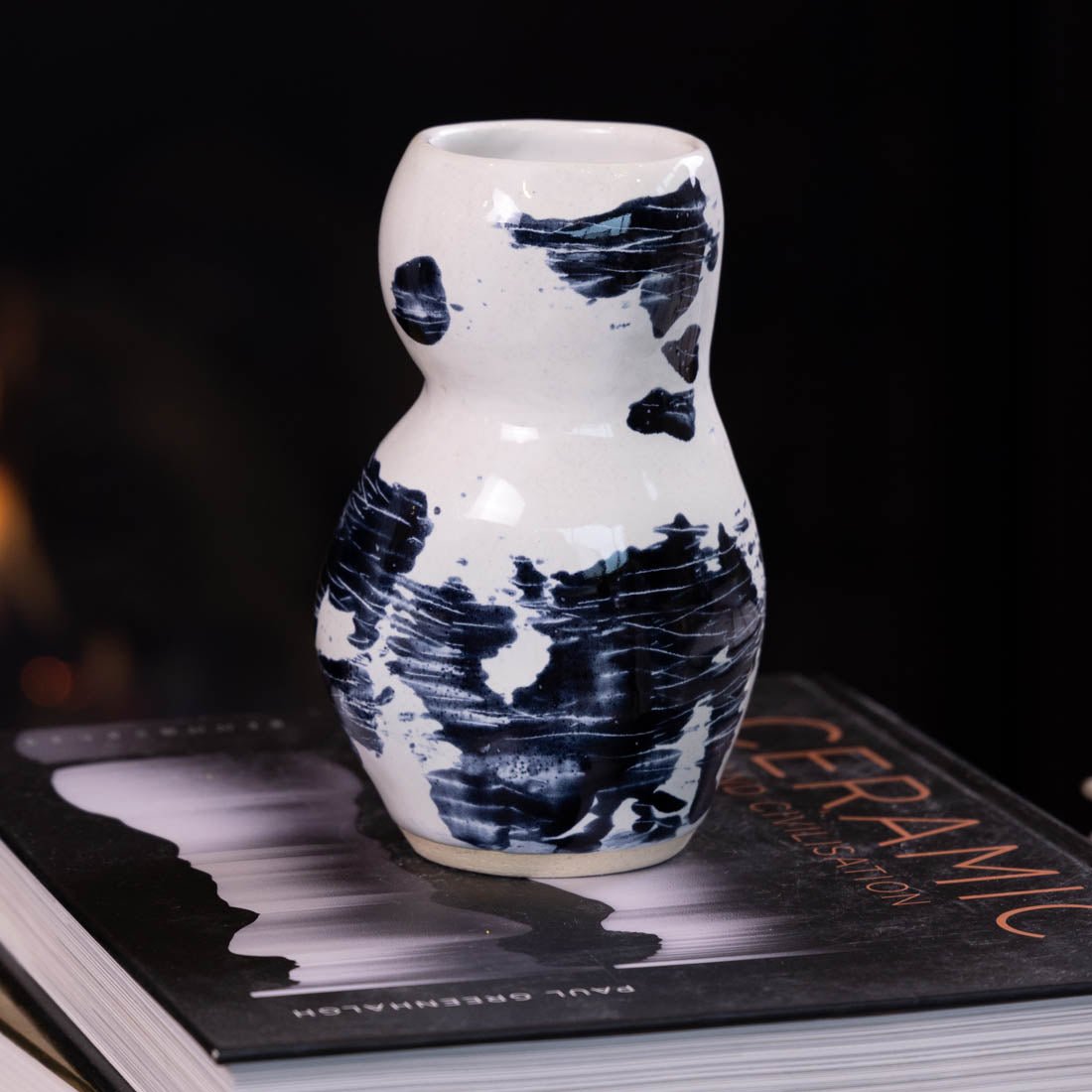 Pot #52 - Medium Manipulated Pot (Glossy White with Decorative Obsidian) - Dan Pearce Ceramics