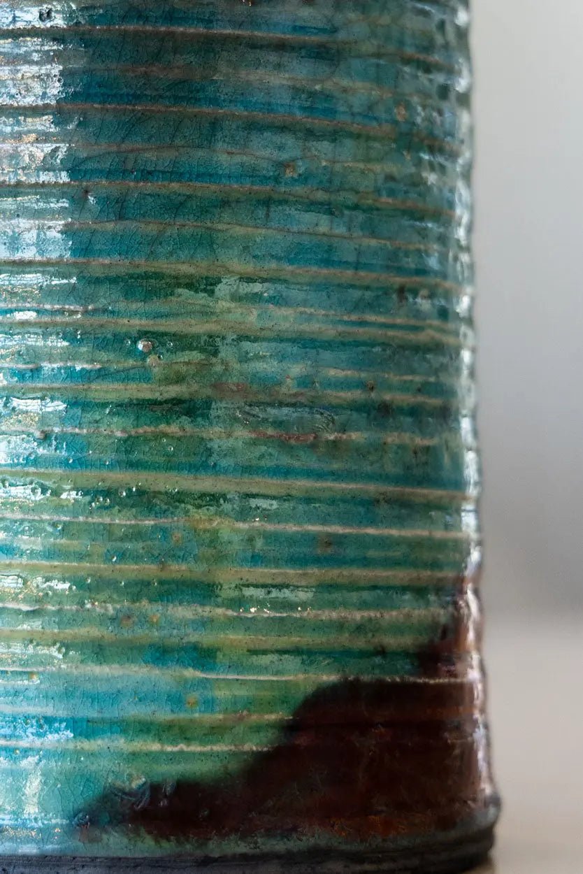 Raku Flower Vase: Textured Turquoise & Coppers - Dan Pearce Ceramics