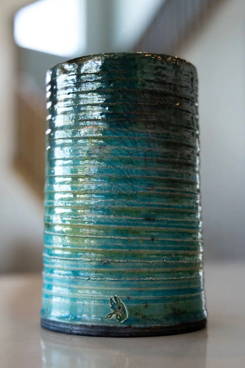 Raku Flower Vase: Textured Turquoise & Coppers - Dan Pearce Ceramics