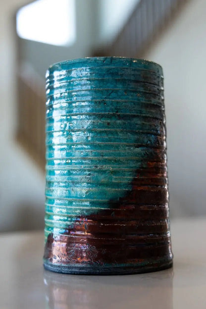 Raku Flower Vase: Textured Turquoise & Coppers - Dan Pearce Ceramics