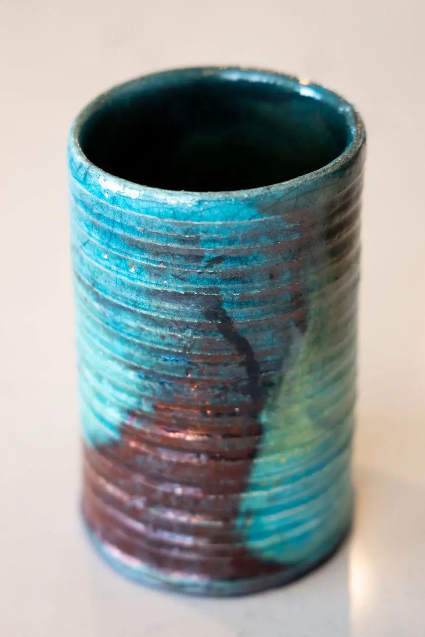 Raku Flower Vase: Textured Turquoise & Coppers - Dan Pearce Ceramics