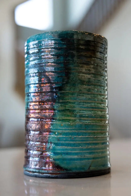 Raku Flower Vase: Textured Turquoise & Coppers - Dan Pearce Ceramics