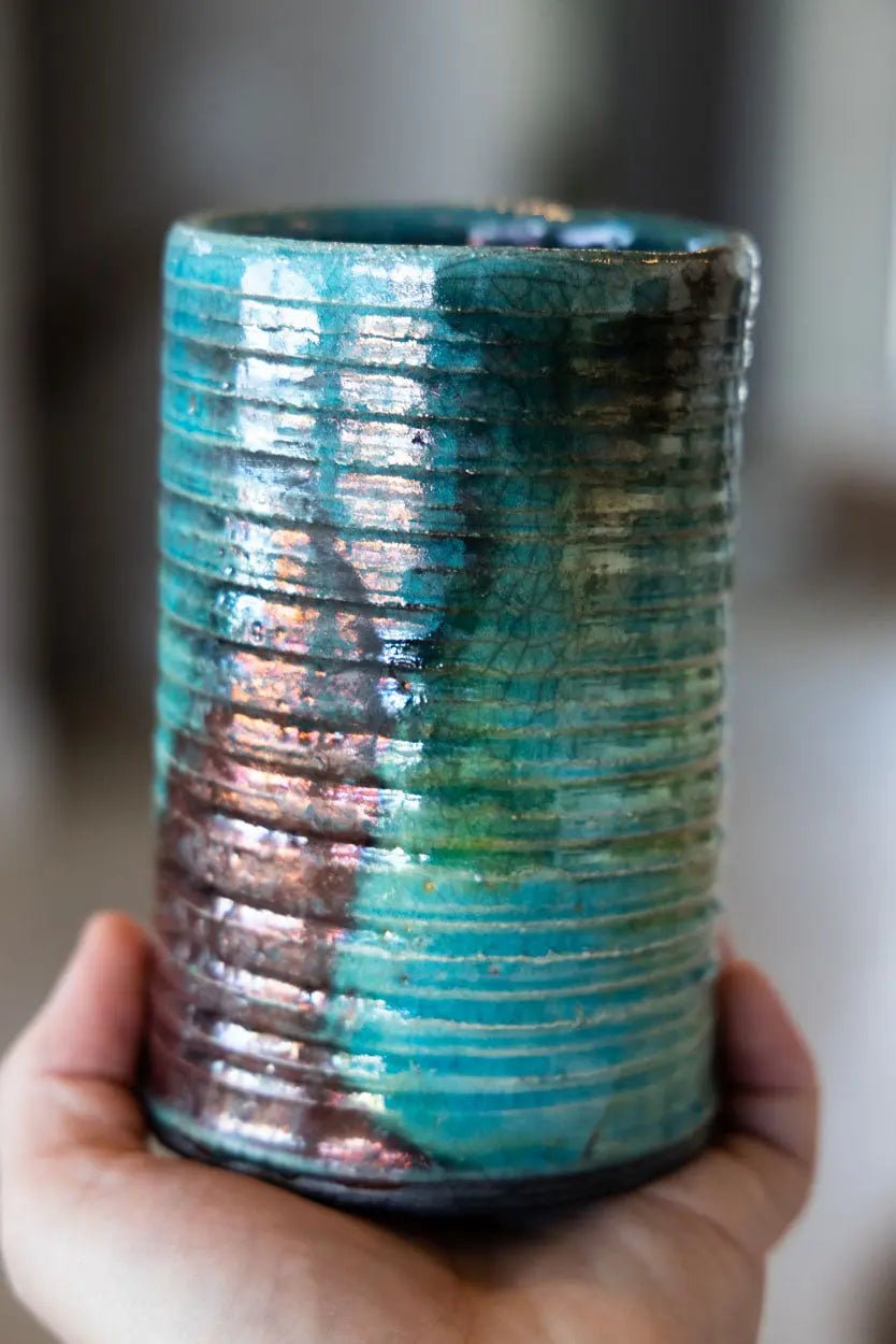 Raku Flower Vase: Textured Turquoise & Coppers - Dan Pearce Ceramics