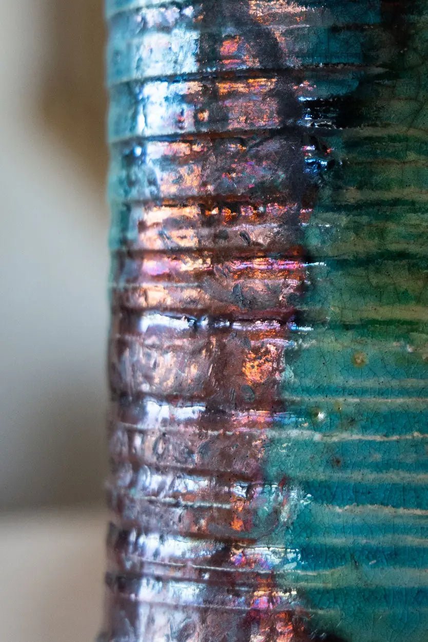 Raku Flower Vase: Textured Turquoise & Coppers - Dan Pearce Ceramics