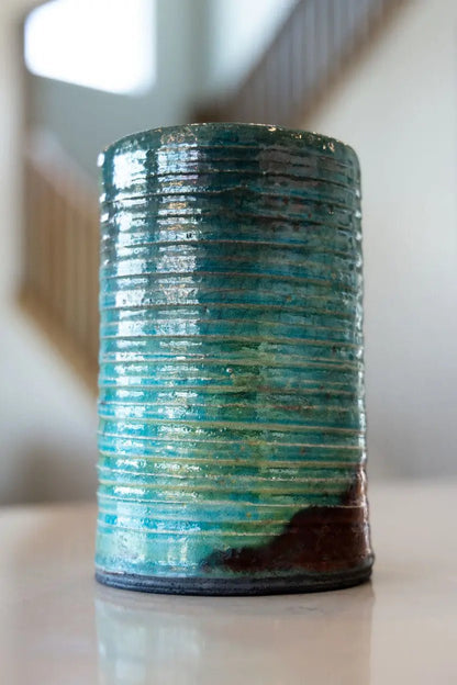 Raku Flower Vase: Textured Turquoise & Coppers - Dan Pearce Ceramics