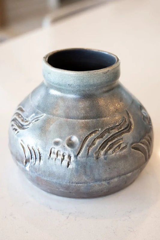 Raku Hand - Carved Pot: Hand - Carved with Tarnished Silver Effect - Dan Pearce Ceramics