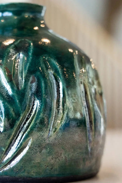 Raku Pot: Hand - Carved Emerald Green - Dan Pearce Ceramics