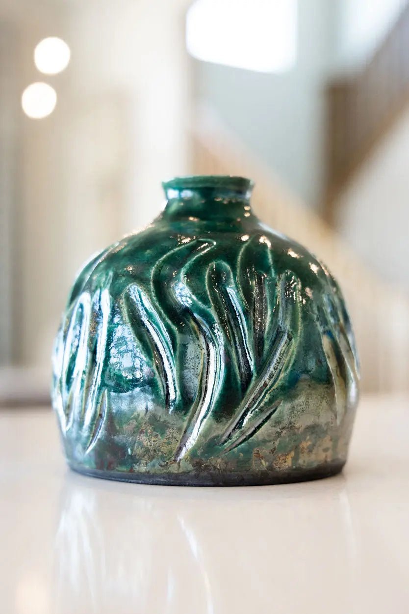 Raku Pot: Hand - Carved Emerald Green - Dan Pearce Ceramics