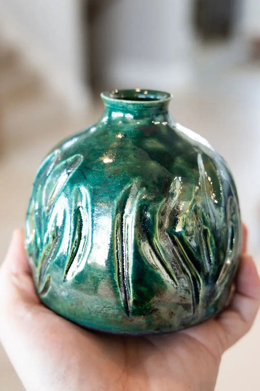 Raku Pot: Hand - Carved Emerald Green - Dan Pearce Ceramics