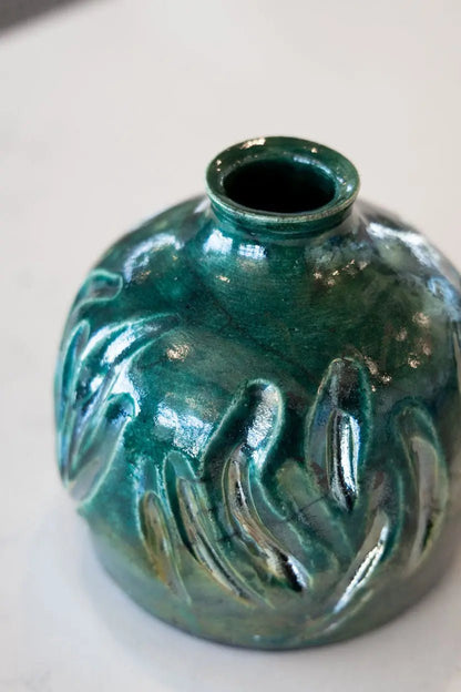 Raku Pot: Hand - Carved Emerald Green - Dan Pearce Ceramics