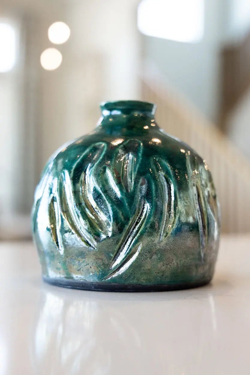 Raku Pot: Hand - Carved Emerald Green - Dan Pearce Ceramics