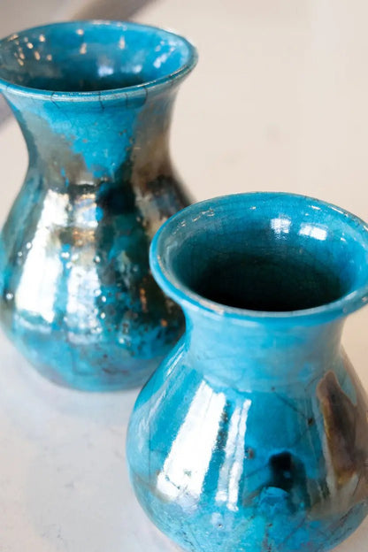 Set of 2 Decorative Raku Pots/Vases: Turquoise & Coppers - Dan Pearce Ceramics