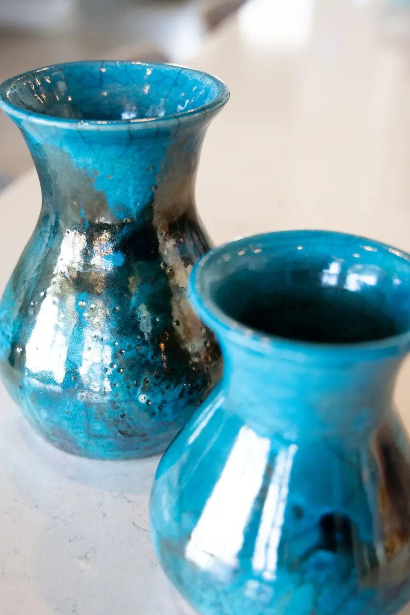 Set of 2 Decorative Raku Pots/Vases: Turquoise & Coppers - Dan Pearce Ceramics