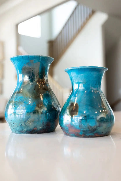 Set of 2 Decorative Raku Pots/Vases: Turquoise & Coppers - Dan Pearce Ceramics