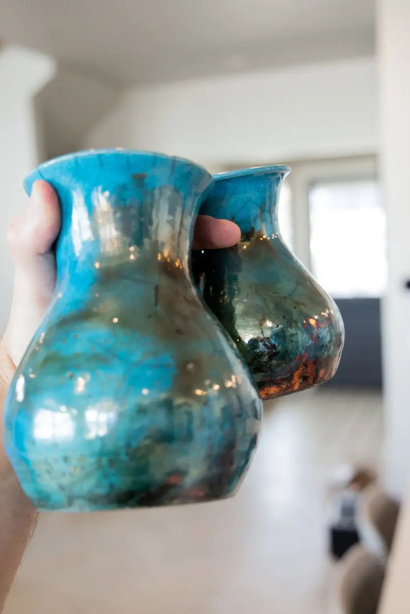 Set of 2 Decorative Raku Pots/Vases: Turquoise & Coppers - Dan Pearce Ceramics