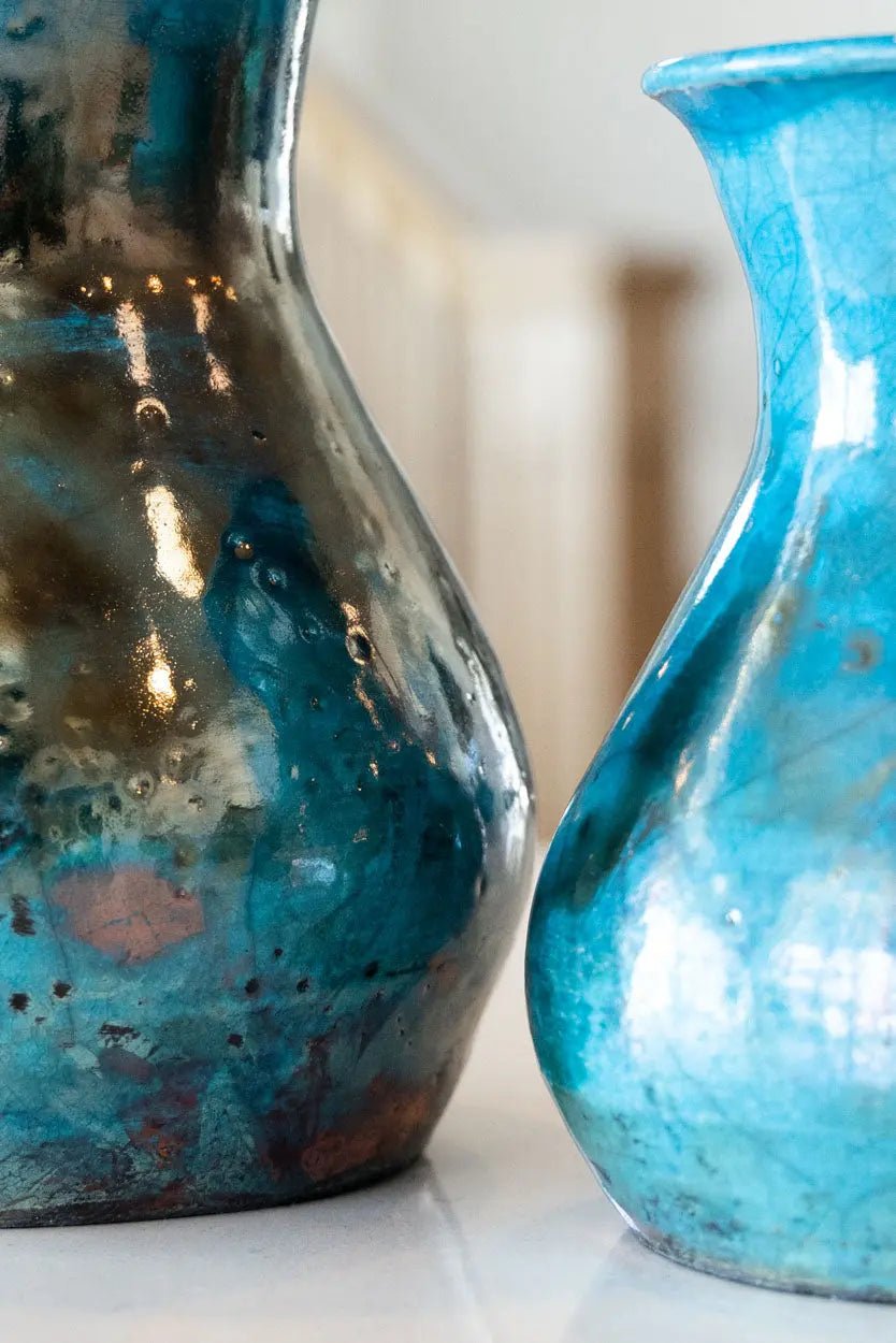 Set of 2 Decorative Raku Pots/Vases: Turquoise & Coppers - Dan Pearce Ceramics