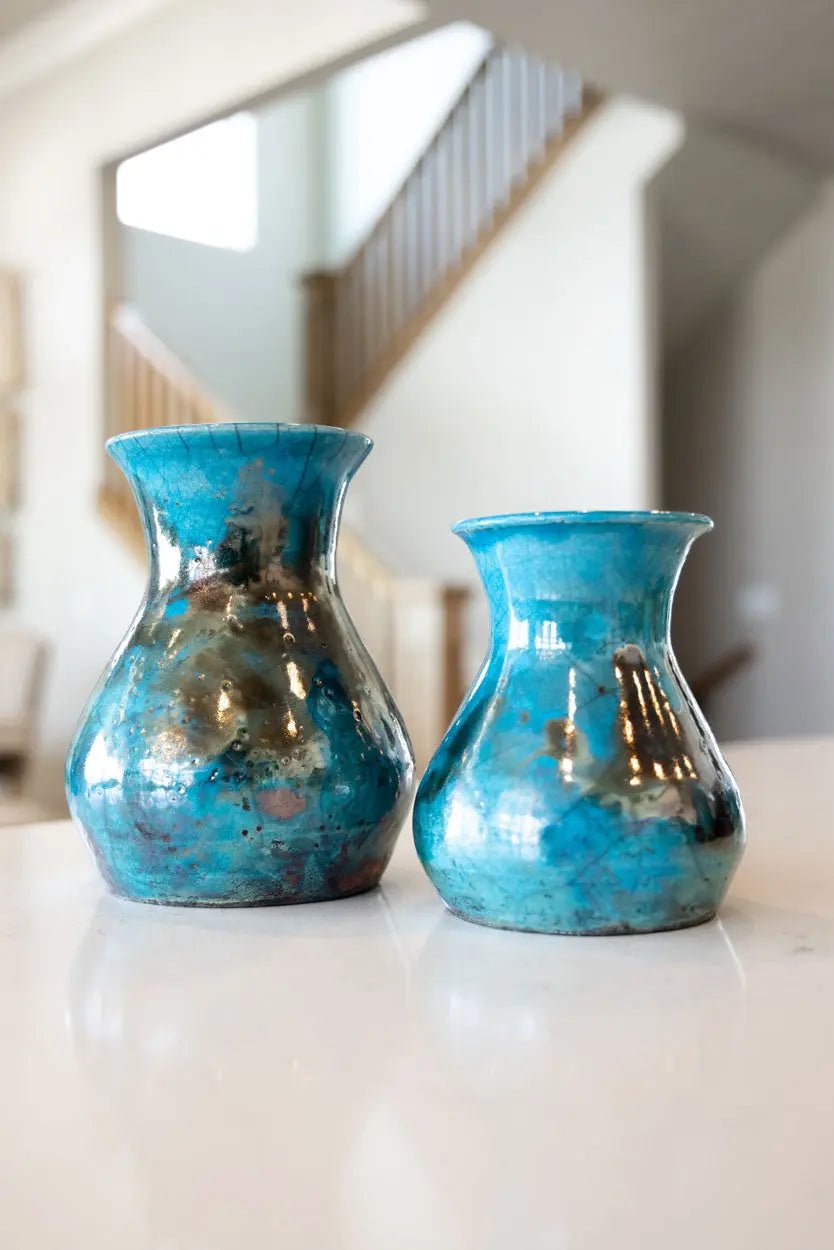 Set of 2 Decorative Raku Pots/Vases: Turquoise & Coppers - Dan Pearce Ceramics