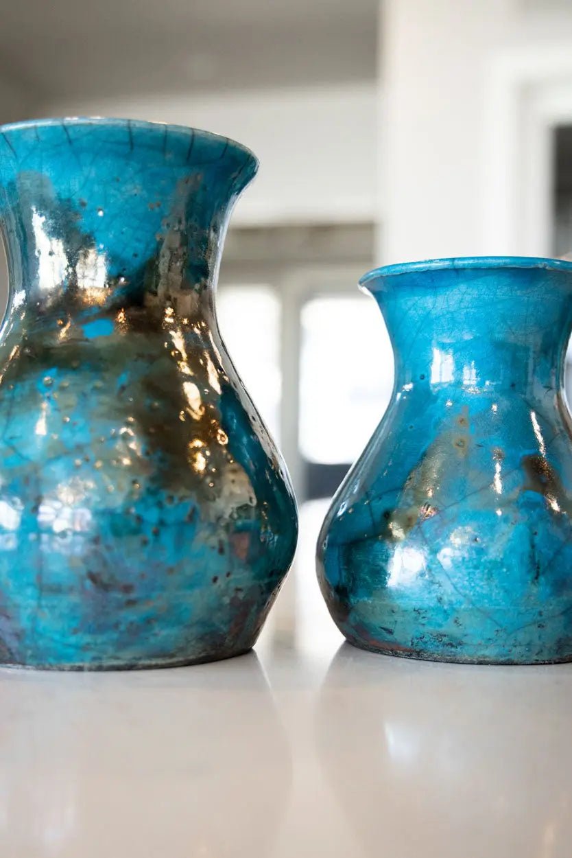 Set of 2 Decorative Raku Pots/Vases: Turquoise & Coppers - Dan Pearce Ceramics