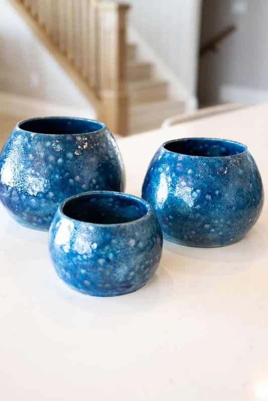 Set of 3 Raku Contemporary Pots: White Crystals on Teal - Dan Pearce Ceramics