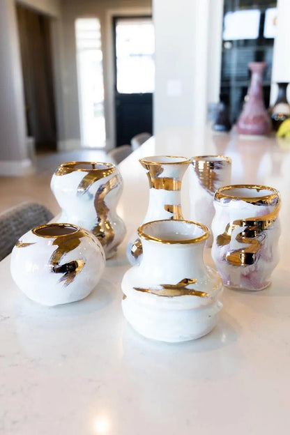 SET OF 6 Small Porcelain Pots with REAL GOLD Highlights & Accents - Dan Pearce Ceramics