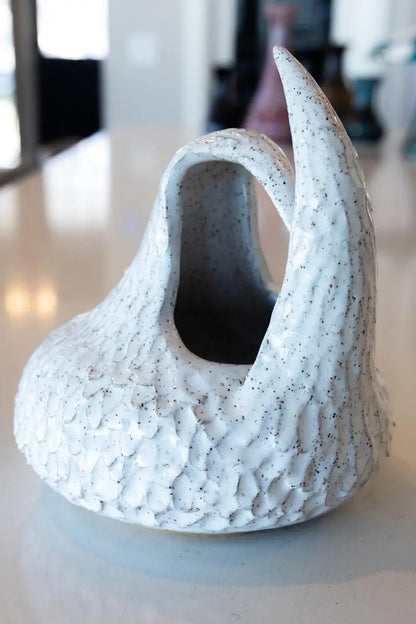 XL Abstract Speckled Stoneware Feathered Scupture Pot (White, Seconds) - Dan Pearce Ceramics