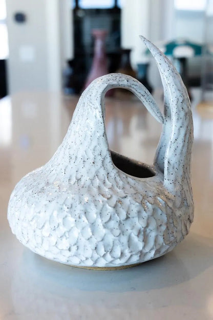 XL Abstract Speckled Stoneware Feathered Scupture Pot (White, Seconds) - Dan Pearce Ceramics