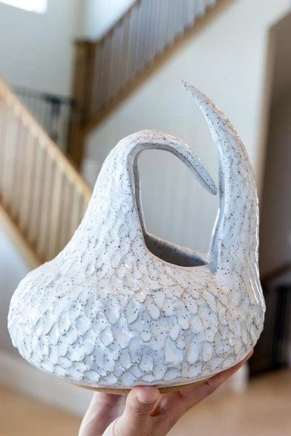 XL Abstract Speckled Stoneware Feathered Scupture Pot (White, Seconds) - Dan Pearce Ceramics