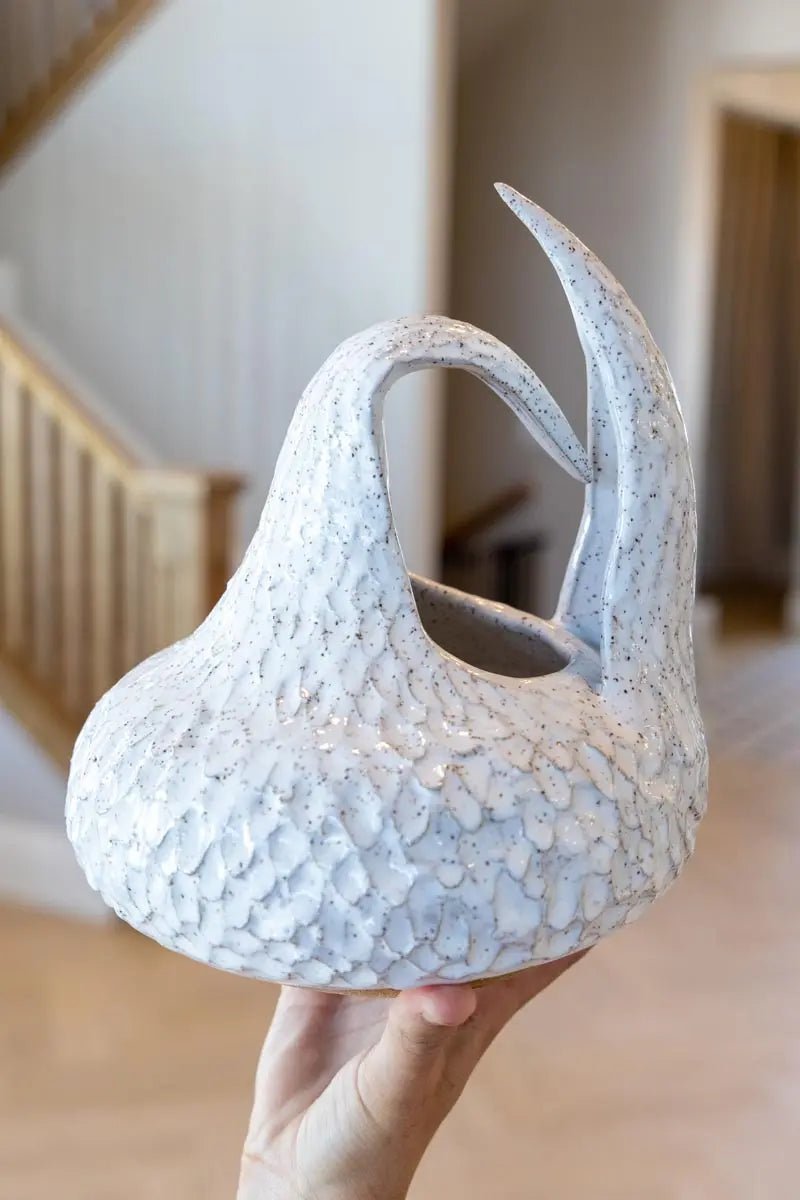 XL Abstract Speckled Stoneware Feathered Scupture Pot (White, Seconds) - Dan Pearce Ceramics