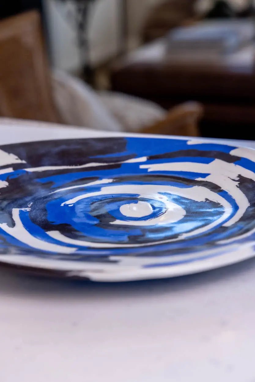 XL Porcelain Abstract Nerikomi Bowl/Platter (Blue, White & Black Series) - Dan Pearce Ceramics