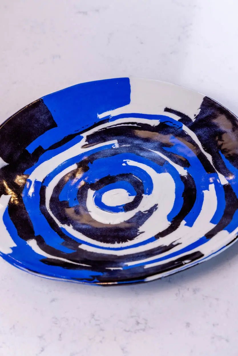 XL Porcelain Abstract Nerikomi Bowl/Platter (Blue, White & Black Series) - Dan Pearce Ceramics