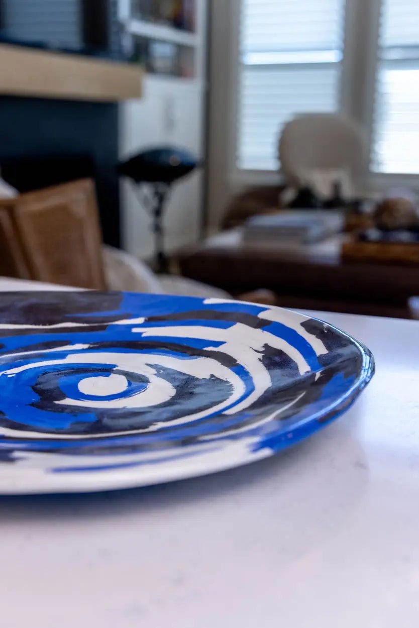 XL Porcelain Abstract Nerikomi Bowl/Platter (Blue, White & Black Series) - Dan Pearce Ceramics