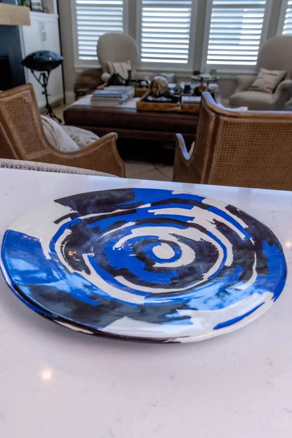 XL Porcelain Abstract Nerikomi Bowl/Platter (Blue, White & Black Series) - Dan Pearce Ceramics