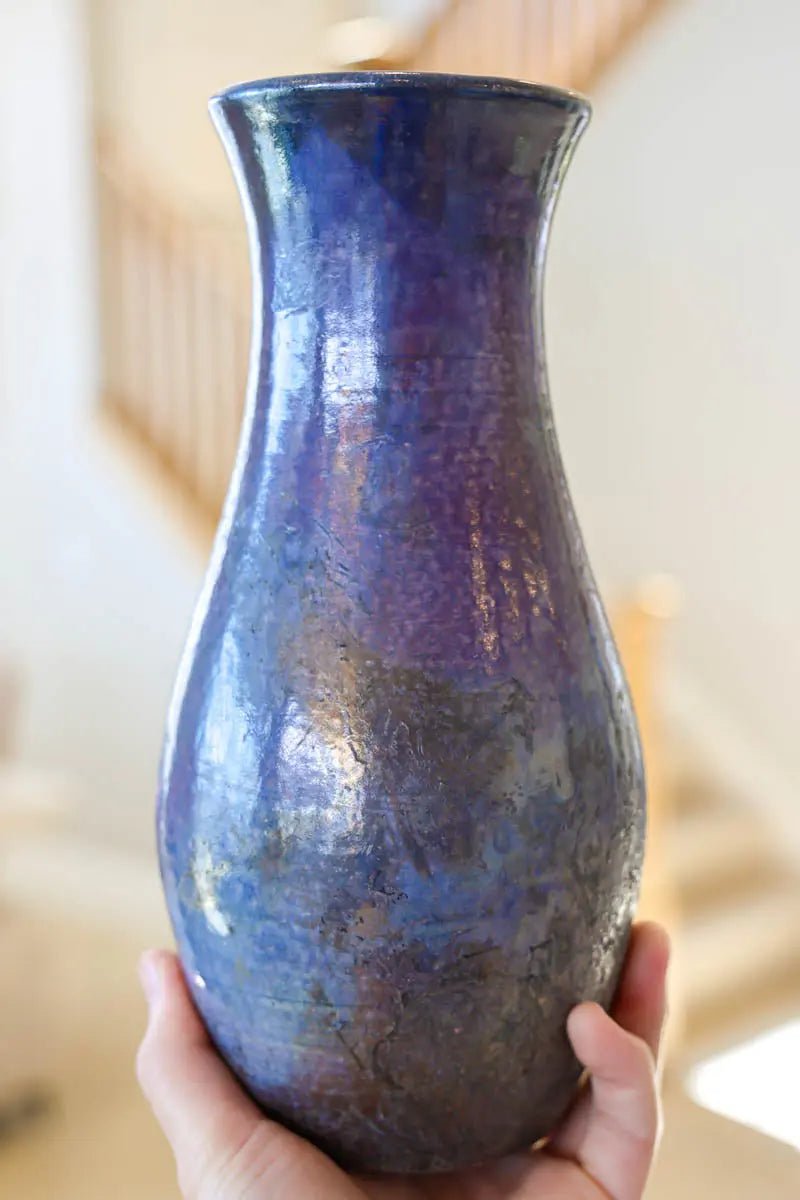 XL Raku - Fired Decorative Multi - Stem Flower Vase (Lilac Purples with Blue Tones & Blacks) - Dan Pearce Ceramics