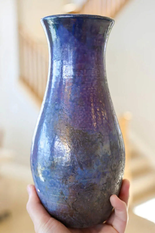 XL Raku - Fired Decorative Multi - Stem Flower Vase (Lilac Purples with Blue Tones & Blacks) - Dan Pearce Ceramics