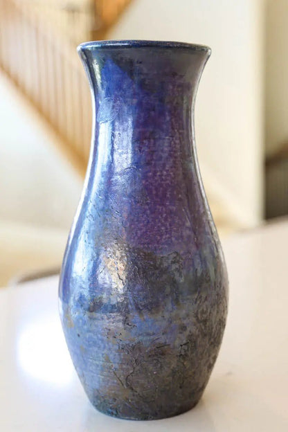 XL Raku - Fired Decorative Multi - Stem Flower Vase (Lilac Purples with Blue Tones & Blacks) - Dan Pearce Ceramics