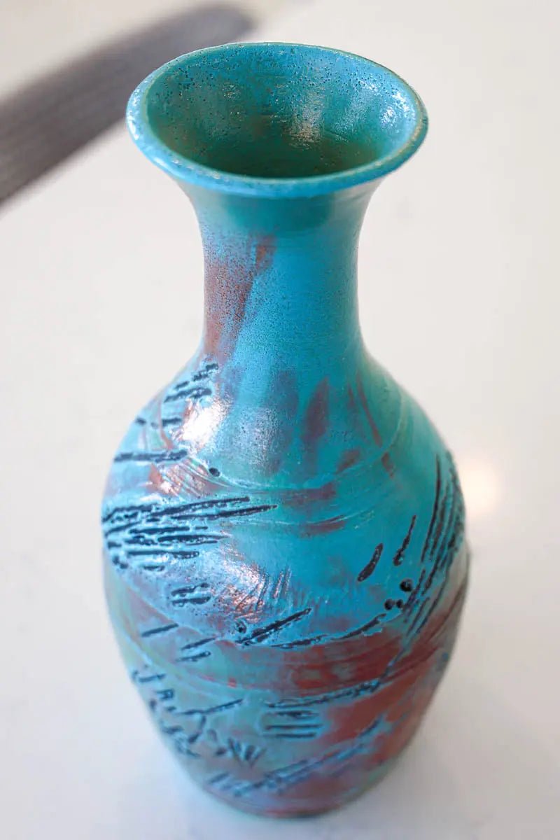 XL Raku - Fired Textured & Aged Decorative Pot (Turquoises, Blacks, & Coppers) - Dan Pearce Ceramics