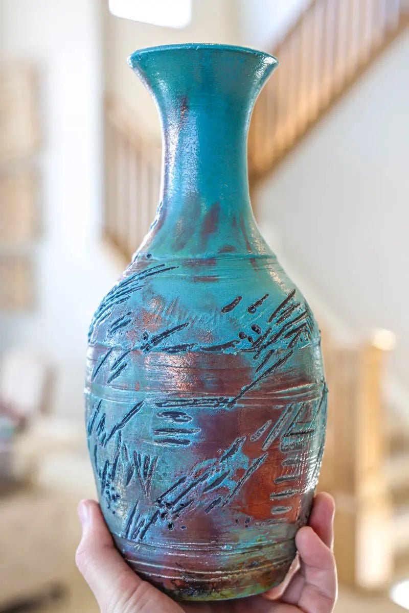 XL Raku - Fired Textured & Aged Decorative Pot (Turquoises, Blacks, & Coppers) - Dan Pearce Ceramics