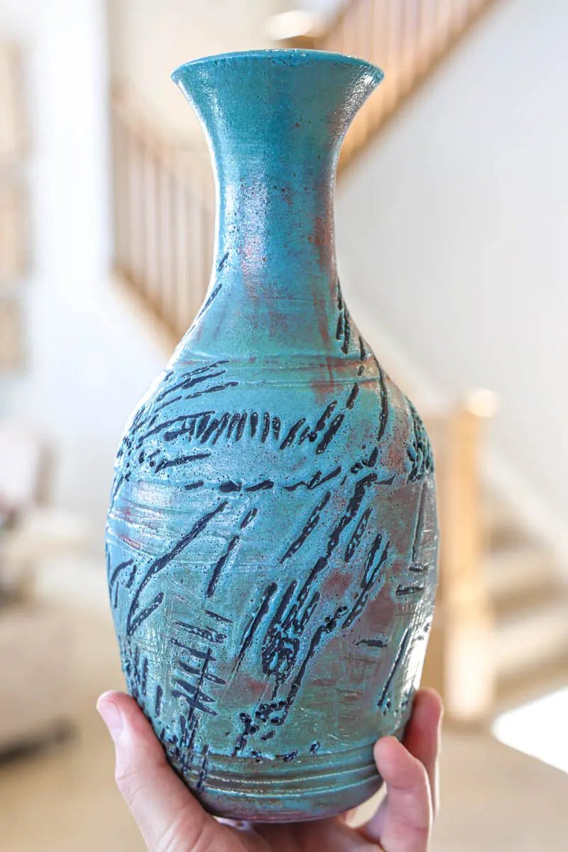 XL Raku-Fired Textured & Aged Decorative Pot (Turquoises, Blacks ...