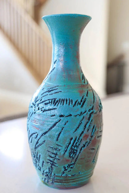 XL Raku - Fired Textured & Aged Decorative Pot (Turquoises, Blacks, & Coppers) - Dan Pearce Ceramics