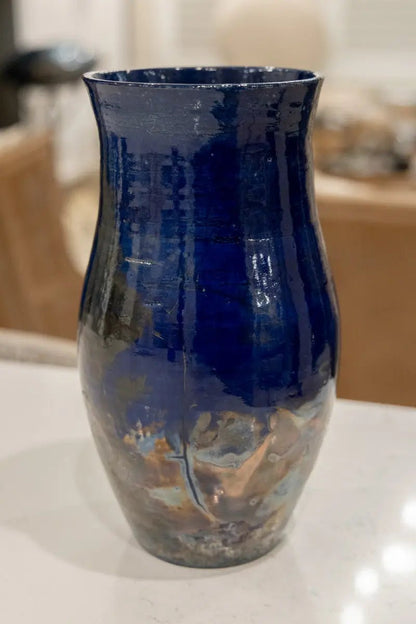 XL Raku Pottery Decorative Pot/Vase (Cobalt & Deep Silvers) - Dan Pearce Ceramics