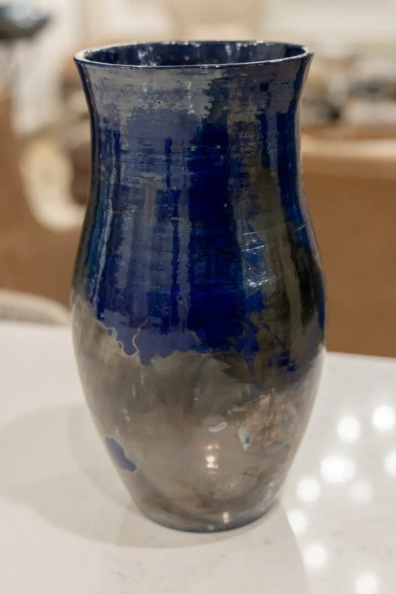 XL Raku Pottery Decorative Pot/Vase (Cobalt & Deep Silvers) - Dan Pearce Ceramics