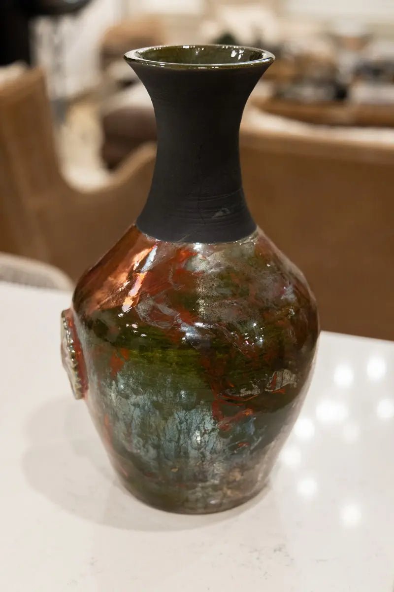 XL Raku Pottery Decorative Sunflower Pot (Coppers, Blacks, & Earthy Greens) - Dan Pearce Ceramics