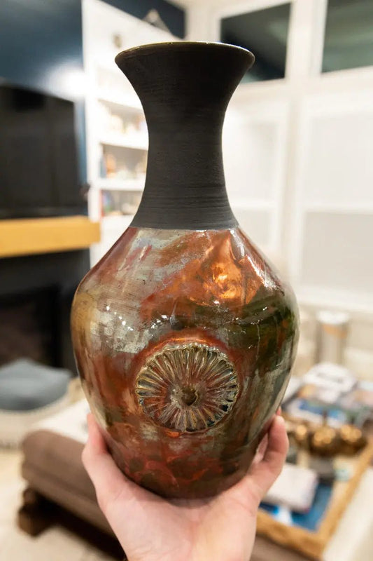 XL Raku Pottery Decorative Sunflower Pot (Coppers, Blacks, & Earthy Greens) - Dan Pearce Ceramics