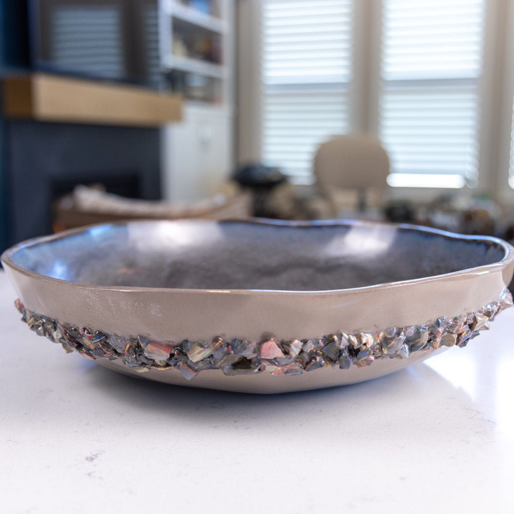 XL Stoneware & Porcelain Decorative Serving Abstract Bowl (Grays with Rainbow Ring) - Dan Pearce Ceramics