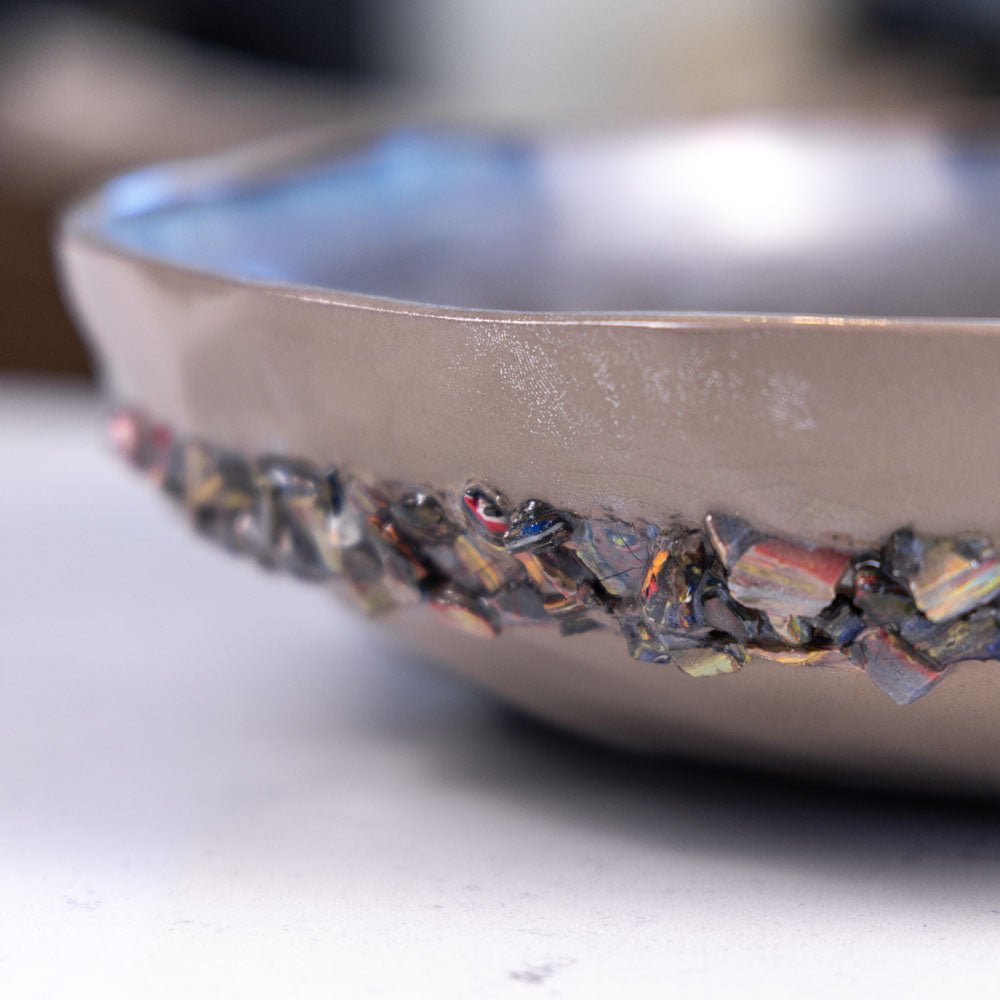 XL Stoneware & Porcelain Decorative Serving Abstract Bowl (Grays with Rainbow Ring) - Dan Pearce Ceramics