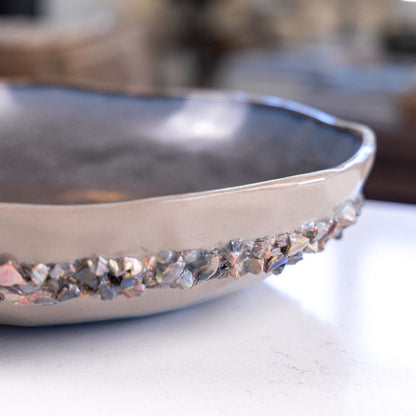 XL Stoneware & Porcelain Decorative Serving Abstract Bowl (Grays with Rainbow Ring) - Dan Pearce Ceramics