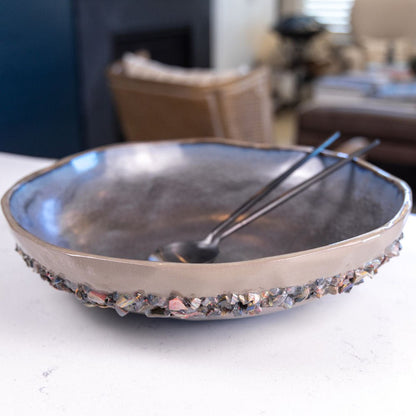 XL Stoneware & Porcelain Decorative Serving Abstract Bowl (Grays with Rainbow Ring) - Dan Pearce Ceramics